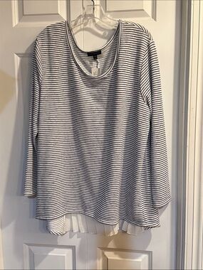 Lane Bryant White & Navy Striped Long Sleeve Top with Pleated Hem